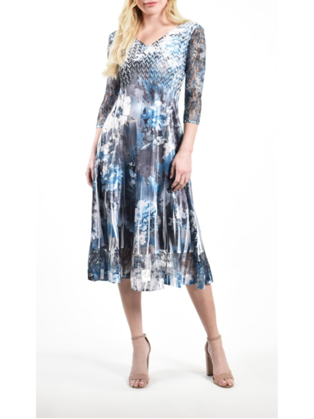 KOMAROV Blue Gray Floral Pleated Charmeuse Cocktail Dress Lace Sleeve Large